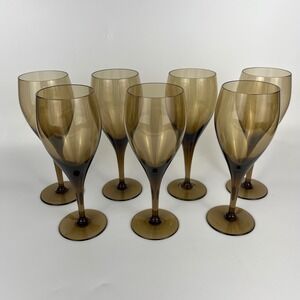 Vtg Libbey Tawny Accent Smoke Brown 8"‎ Stemmed Wine Water Gobblets Set of 7 MCM
